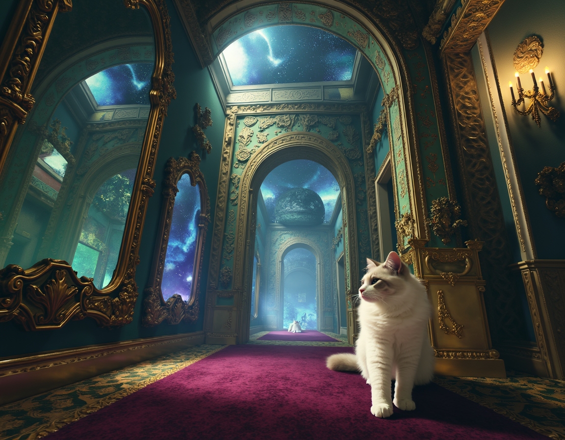 Cat navigates a maze where every surface is a magic-infused mirror, reflecting surreal visions and shifting illusions. Soft, colorful light accentuates each step, turning the labyrinth into a glittering puzzle filled with wonder and mystery.